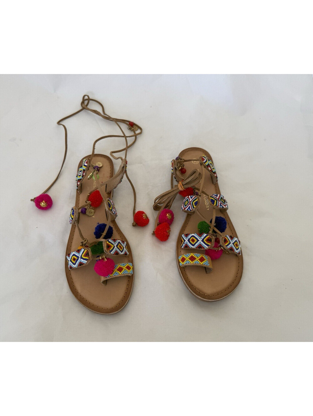 NEW Chinese Laundry Posh Boho Sandals Size 10 Beaded Pom Poms Coins Gladiator